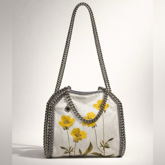 Stella McCartney Falabella Botanical Denim Tote lt blue/yellow chain handles